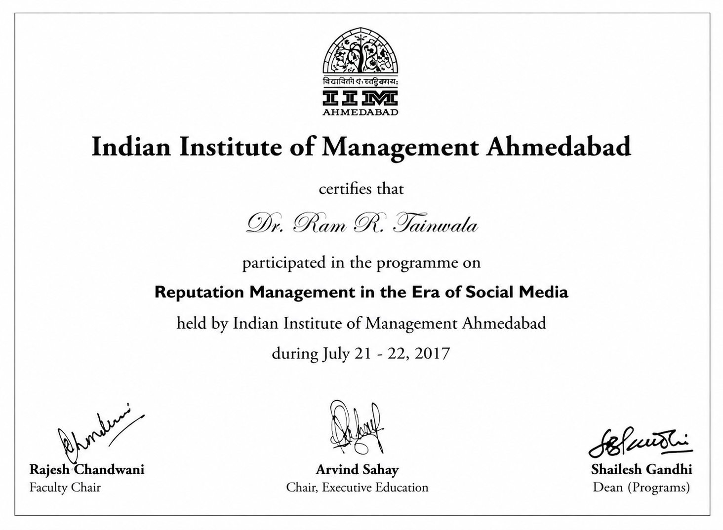 Dr. Ram certification and recognition image 3
